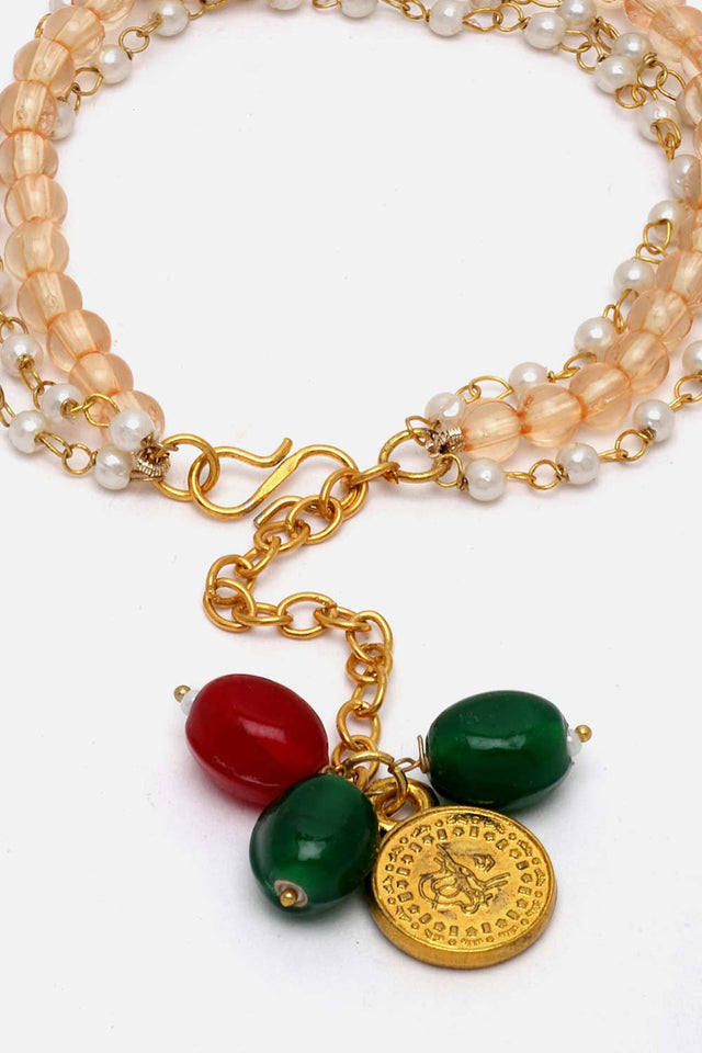 Peach And White Pearls And Natural Stones Adjustable Bracelet