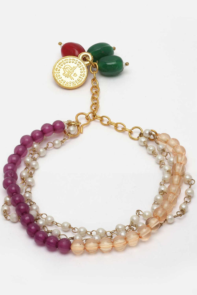 Peach And Purple Pearls And Natural Stones Adjustable Bracelet