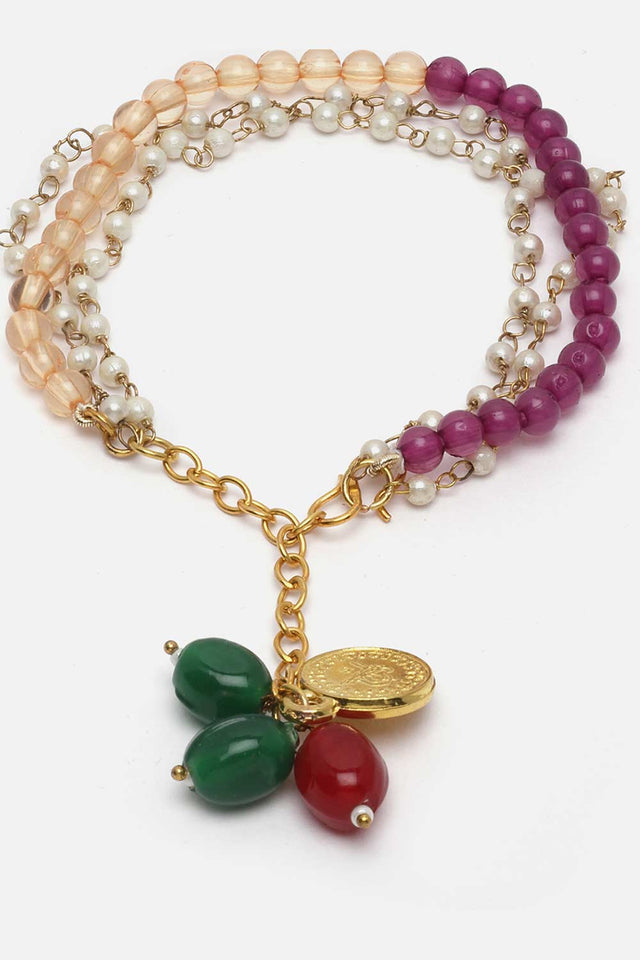 Peach And Purple Pearls And Natural Stones Adjustable Bracelet