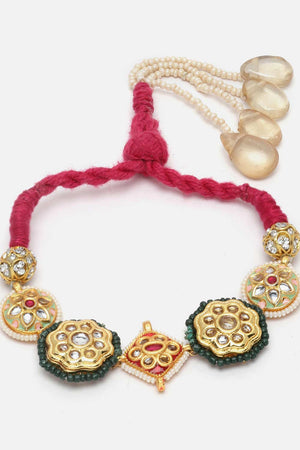 White And Green  Kundan And Pearls Adjustable Bracelet