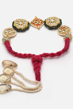 White And Green  Kundan And Pearls Adjustable Bracelet