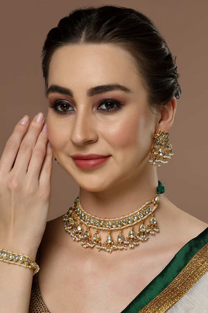 Gold And White Kundan And Pearls Adjustable Bracelet