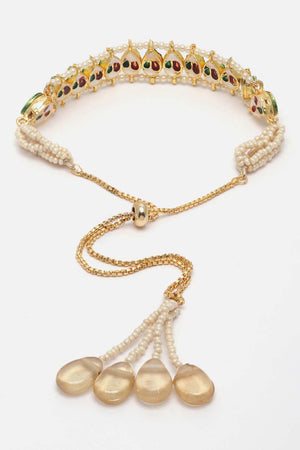 Gold And White Kundan And Pearls Adjustable Bracelet