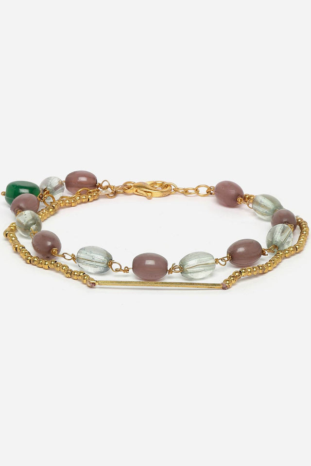 Brown And Gold Adjustable Bracelet With Pearls And Natural Stones
