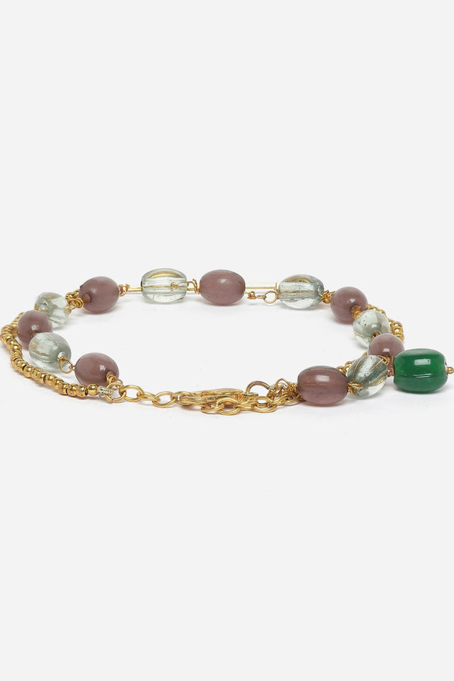 Brown And Gold Adjustable Bracelet With Pearls And Natural Stones