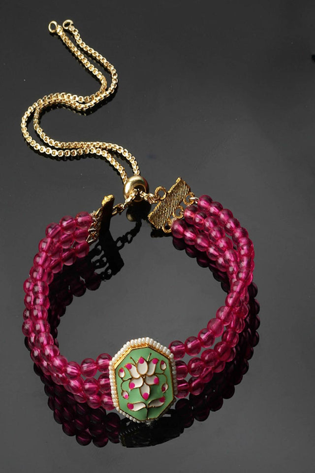 Pink And Green Adjustable Bracelet With Pearls And Natural Stones