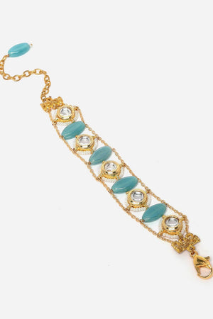 Blue And Gold Adjustable Bracelet With Kundan And Pearls