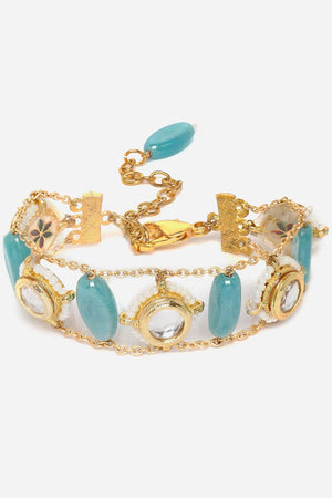 Blue And Gold Adjustable Bracelet With Kundan And Pearls