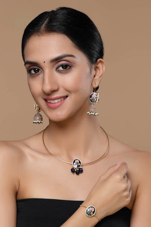 Blue And Gold Adjustable Bracelet With Kundan And Pearls