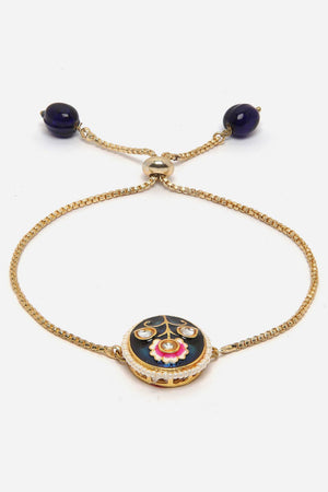 Blue And Gold Adjustable Bracelet With Kundan And Pearls