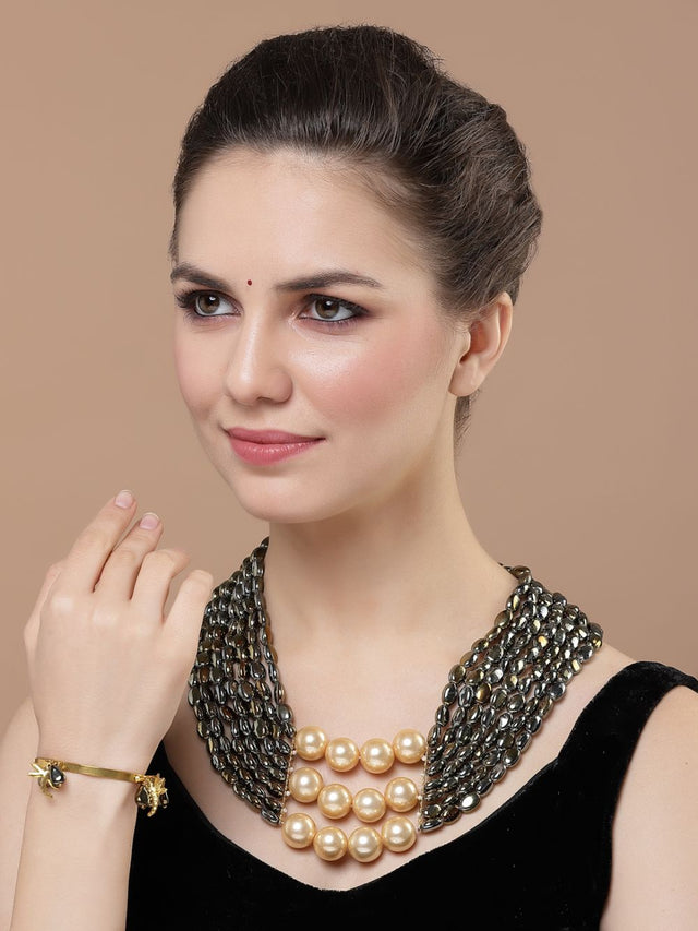 Gold And Black Designer Bangle With Pearls And Natural Stones