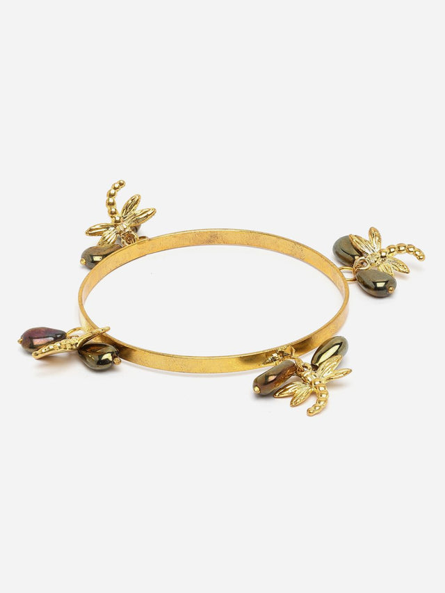 Gold And Black Designer Bangle With Pearls And Natural Stones