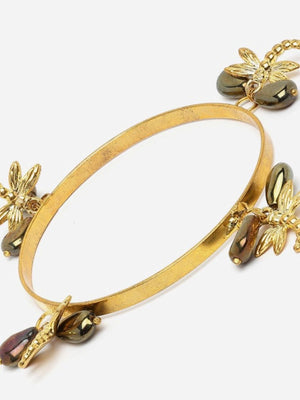 Gold And Black Designer Bangle With Pearls And Natural Stones