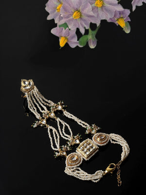 Green And Gold Adjustable Hathphool With Kundan And American Diamonds