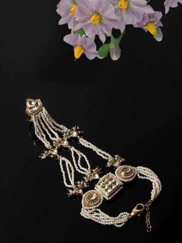Green And Gold Adjustable Hathphool With Kundan And American Diamonds