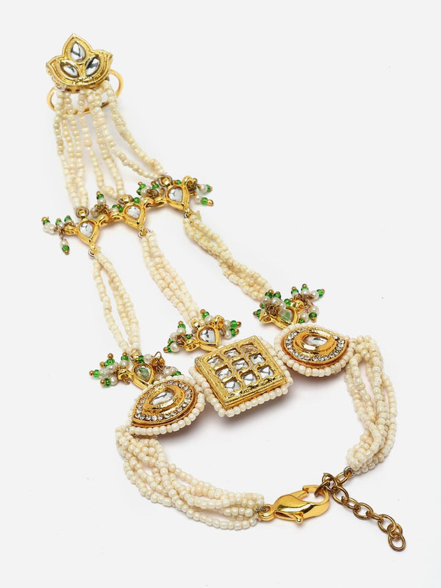 Green And Gold Adjustable Hathphool With Kundan And American Diamonds