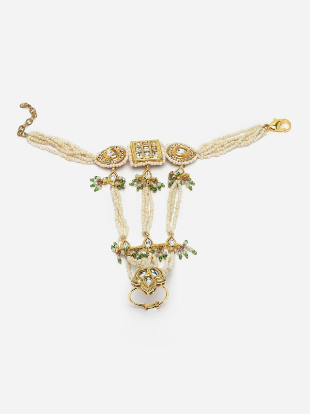 Green And Gold Adjustable Hathphool With Kundan And American Diamonds
