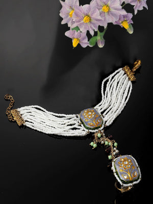 Blue And Green Adjustable Hathphool With Kundan And Pearls