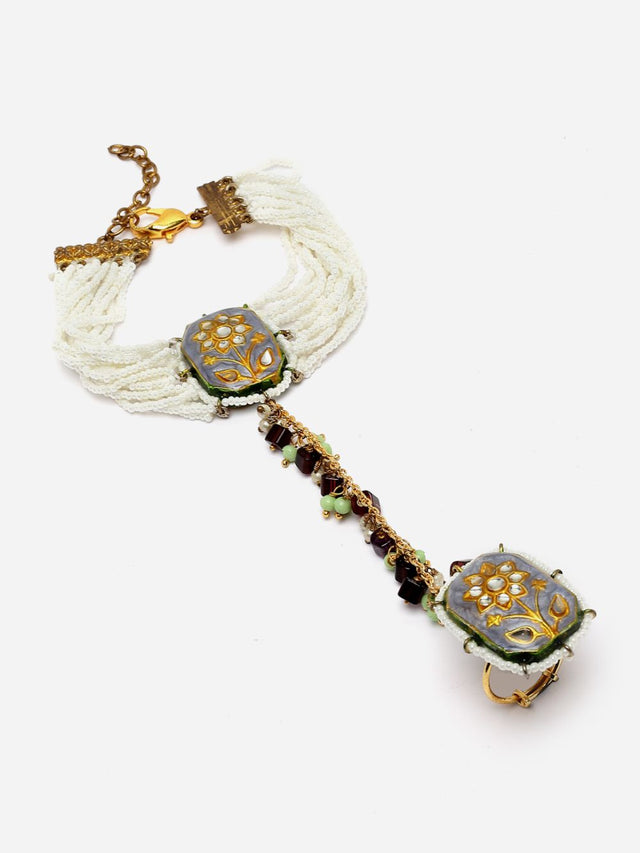 Blue And Green Adjustable Hathphool With Kundan And Pearls