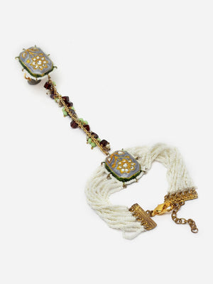 Blue And Green Adjustable Hathphool With Kundan And Pearls