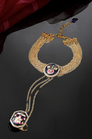 Blue And Gold Adjustable Hathphool With Kundan And Pearls