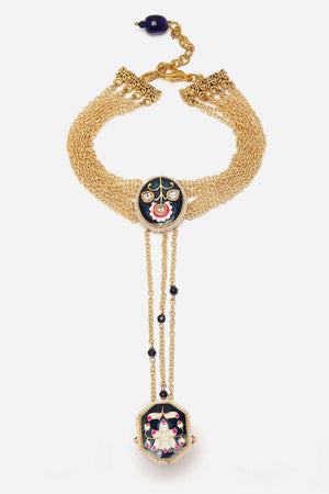 Blue And Gold Adjustable Hathphool With Kundan And Pearls