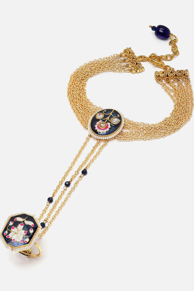 Blue And Gold Adjustable Hathphool With Kundan And Pearls