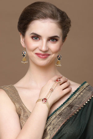 Red And Gold Adjustable Hathphool With Kundan And Pearls