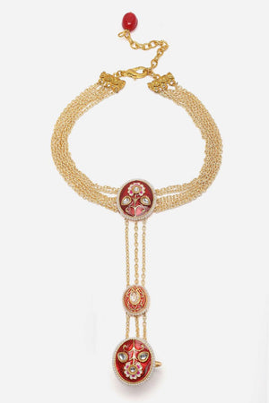 Red And Gold Adjustable Hathphool With Kundan And Pearls