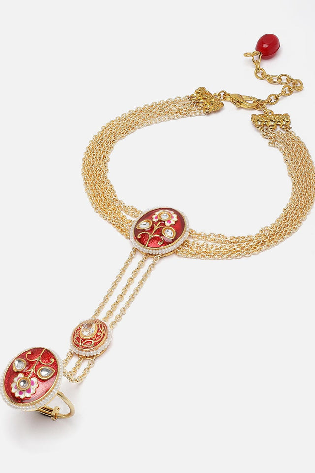 Red And Gold Adjustable Hathphool With Kundan And Pearls