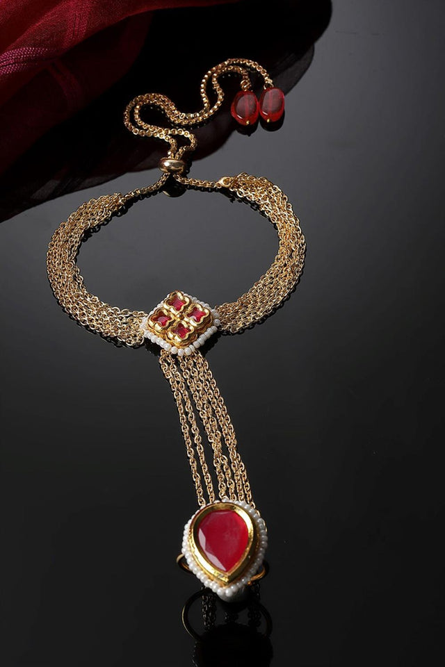 Pink And Gold Adjustable Hathphool With Kundan And Pearls