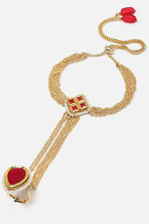 Pink And Gold Adjustable Hathphool With Kundan And Pearls