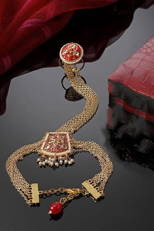 Red And Gold Adjustable Hathphool With Kundan And Pearls