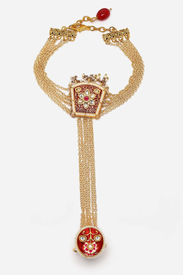 Red And Gold Adjustable Hathphool With Kundan And Pearls