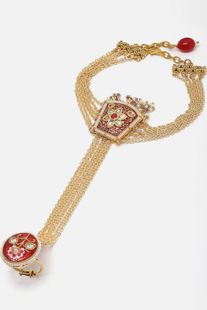 Red And Gold Adjustable Hathphool With Kundan And Pearls