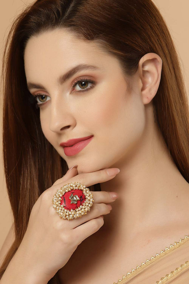 Red And White Gold-Plated Kundan And Pearls Ring (DGH1R122001)