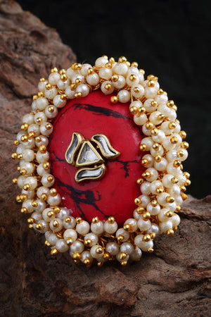 Red And White Gold-Plated Kundan And Pearls Ring (DGH1R122001)