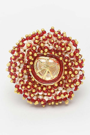 Red Gold-Plated Kundan And Pearls Ring