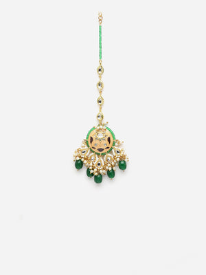 Peach And Green Gold-Plated Kundan And Pearls Mang Tikka