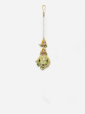 Green And Cream Gold-Plated Kundan And Pearls Mang Tikka