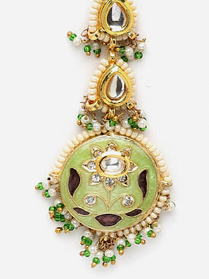 Green And Cream Gold-Plated Kundan And Pearls Mang Tikka