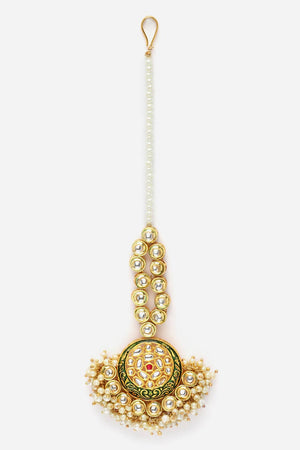 Green And Gold Mang Tikka Head Jewelry With Kundan And Pearls