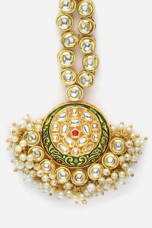 Green And Gold Mang Tikka Head Jewelry With Kundan And Pearls