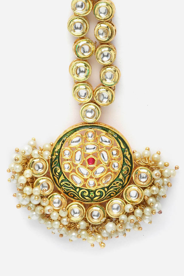 Green And Gold Mang Tikka Head Jewelry With Kundan And Pearls