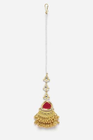 Red And Gold Adjustable Head Jewelry With Kundan And Pearls