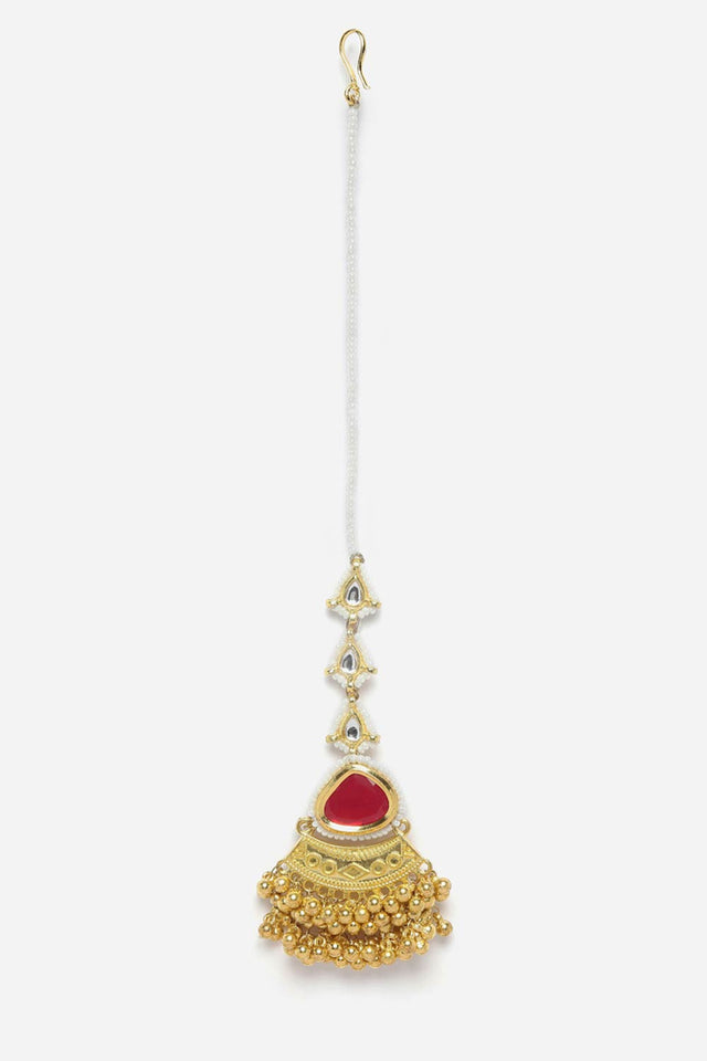 Red And Gold Adjustable Head Jewelry With Kundan And Pearls
