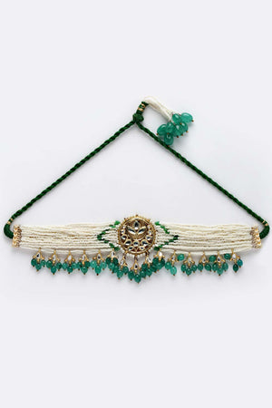 Green And White Gold-Plated Kundan And Pearls Necklace