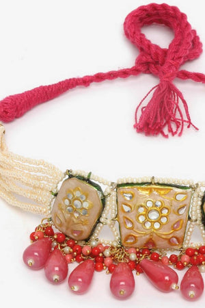 Peach And Pink Choker Necklace With Kundan And Pearls