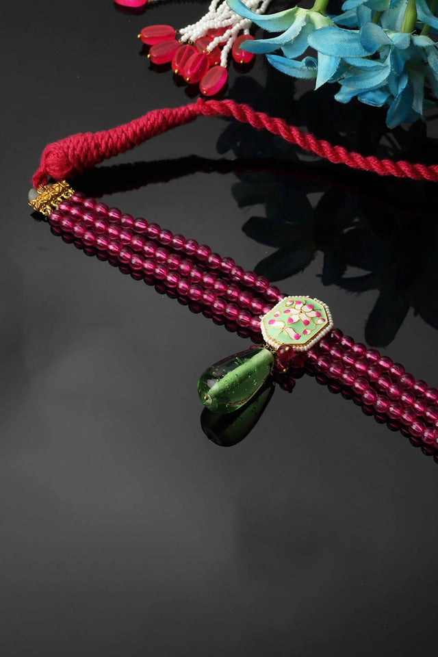 Pink And Green Choker Necklace With Pearls And Natural Stones