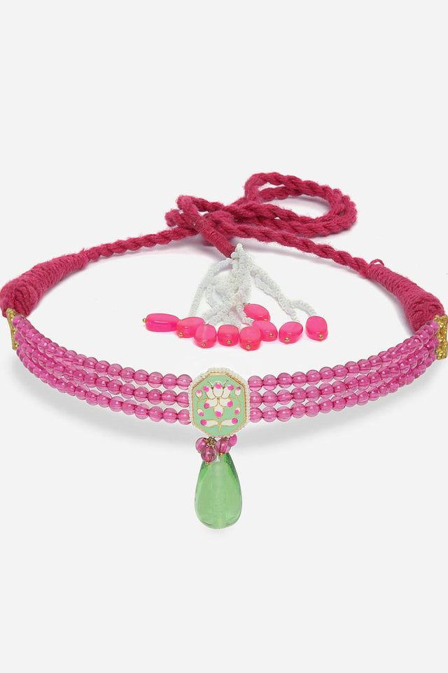 Pink And Green Choker Necklace With Pearls And Natural Stones